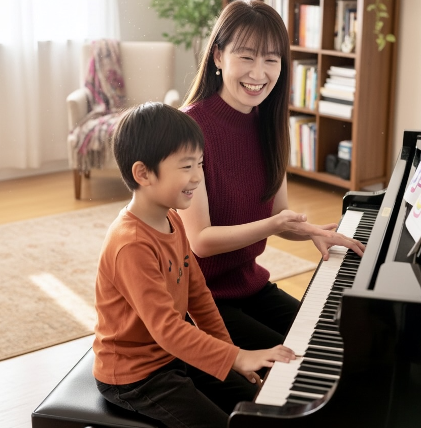 男児と愉美先生のレッスンの様子の写真