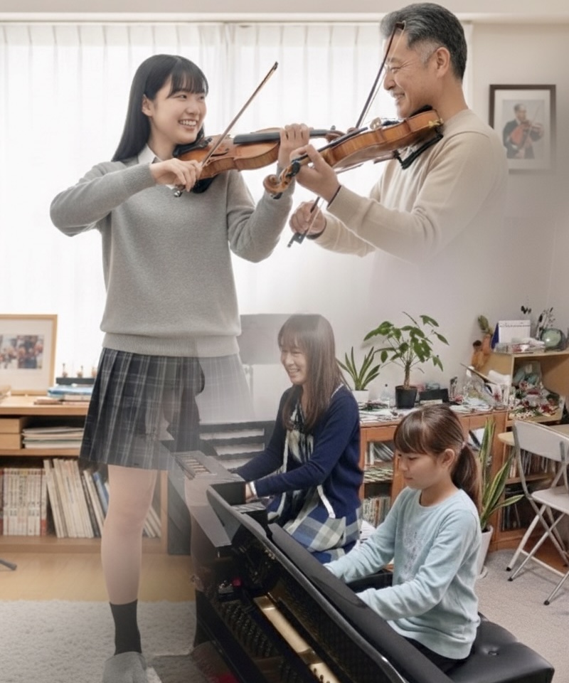 ヴァイオリンレッスンとピアノレッスンの様子の写真